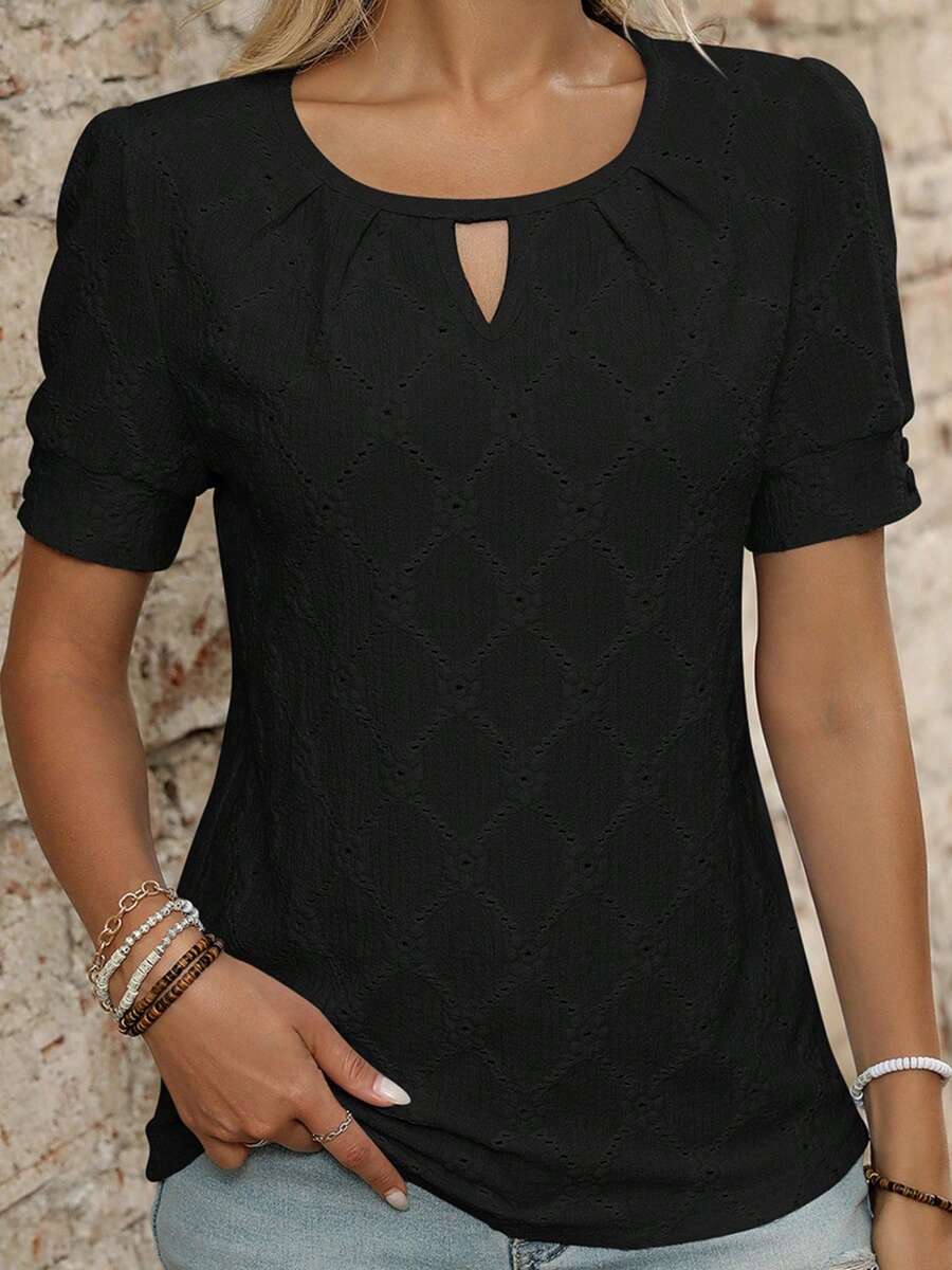 Women Summer Basic T-Shirt Casual Cutout Eyelets Short Sleeves Tops For Streetwear Aesthetic Grunge Clothes - Black - View 1