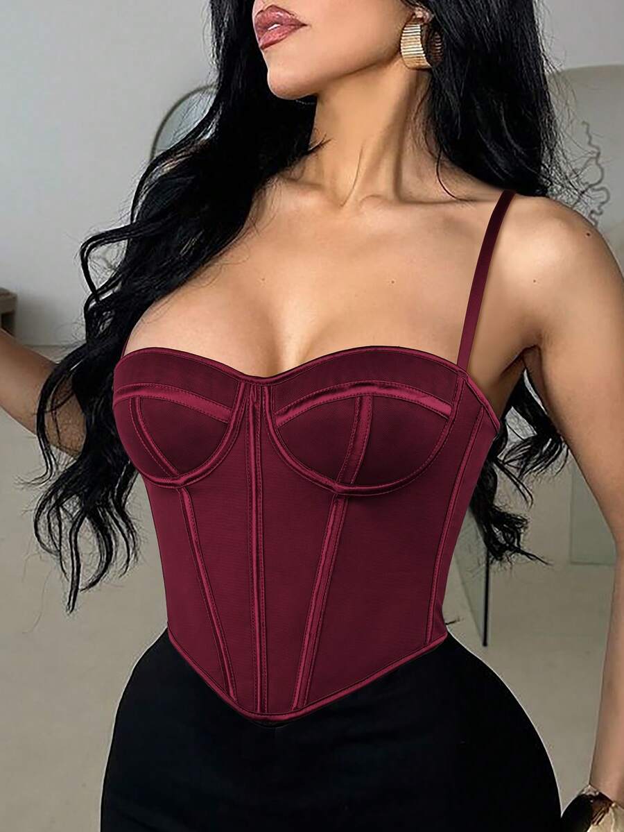 Apperloth A Y2K Sexy Corset Boned Going Out Tops For Women Mesh Grommet Eyelet Lace Up Back Backless Adjustable Straps Overbust Bustier Shapewear Crop Cami Tank Cute Top Rave Festival Outfits Halloween Clothes Christmas Costumes - 酒紅色 - 查看 1