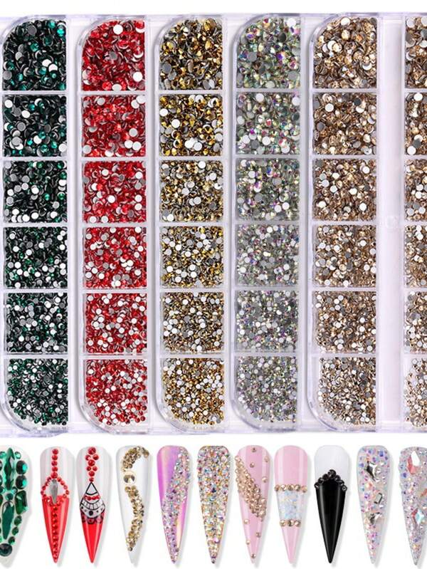 1 Box 12 Grids 3d Nail Art Rhinestones Kit, Nail Gems Crystal Clear Flatback Rhinestones Gems Stones, With Storage Organizer Box 6 Sizes (1.5-3.9 Mm) For Nail Art Craft