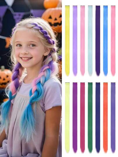 Conjunto de 9 extensões de cabelo coloridas para crianças, grampos de cabelo arco-íris, acessórios de cabelo sintéticos multicoloridos, adequados para meninas no Halloween, fantasias de Natal, cosplay, presentes de aniversário