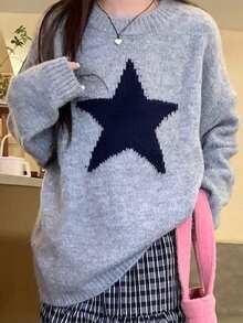 Vestido de fiesta de otoño e invierno de la edición coreana suelta de Vera Lane, blusa de lana con estampado de pentágono negro de unicolor casual para mujer, nueva ropa de invierno, ropa de Año Nuevo y ropa de Acción de Gracias para mujer