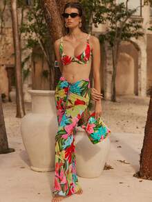 Women's Christmas Floral Print Drawstring Ruched Cover-Up & Skirt Bikini Set - Multicolor - View 5
