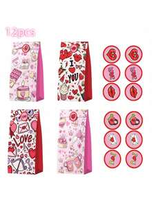 12个粉色主题图案礼品袋 - 彩色 - 查看 12