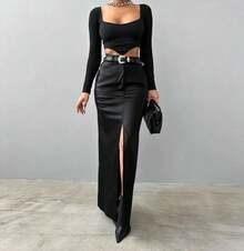 Women's Clothing Leather Design Slit Solid Color High Waist Simple Leather Slim Fit Midi Skirt - Black - View 1
