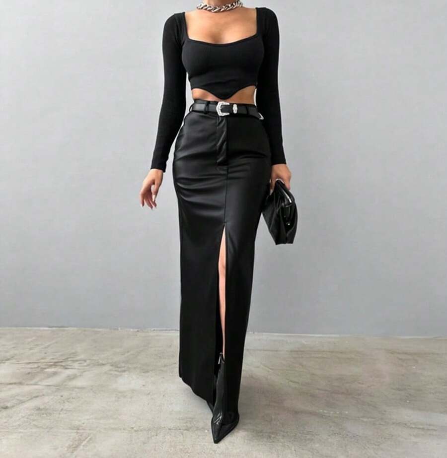 Women's Clothing Leather Design Slit Solid Color High Waist Simple Leather Slim Fit Midi Skirt - Black - View 1