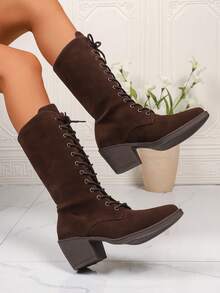 Giày bốt vải da lộn buộc dây phong cách phương Tây dành cho nữ, giày bốt tăng chiều cao cosplay Violet Evergarden có quai - Cà phê nâu - Xem 1