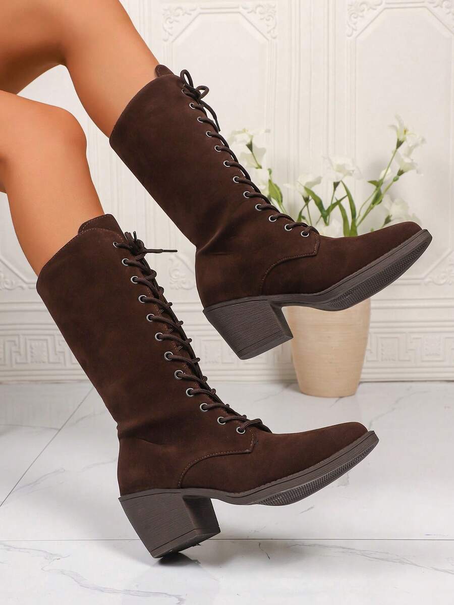 Giày bốt vải da lộn buộc dây phong cách phương Tây dành cho nữ, giày bốt tăng chiều cao cosplay Violet Evergarden có quai - Cà phê nâu - Xem 1