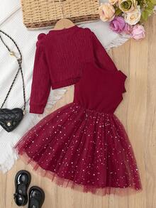 Conjunto de 2 piezas de chaqueta con textura de gofre con estampado floral y vestido con forro de malla con empalme de lazo acanalado para niña, uso casual, al aire libre, deportivo, primavera/otoño - Rojo - Ver 3