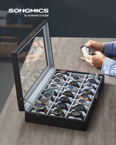  SONGMICS Watch Box, Lockable Watch Case, Watch Storage Box With 24 Slots, Glass Lid, Gift For Loved Ones, Black Synthetic Leather, Grey Lining
