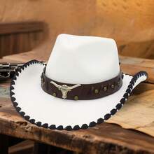 Retro Carnival Cowgirl Hat For Women Men Bull Head Leather Belt Wide Brim Western Cap - trắng - Xem 5