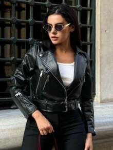 Casual Fashion Versatile Zipper Long Sleeve Women Jacket - Black - View 6