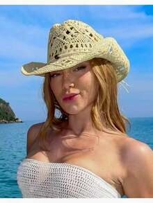 Natural Straw Hollow Out Beach Hat Cowgirl Style Country Cowboy Unisex Women Summer 2025 Fashion Breathable - Màu be - Xem 2