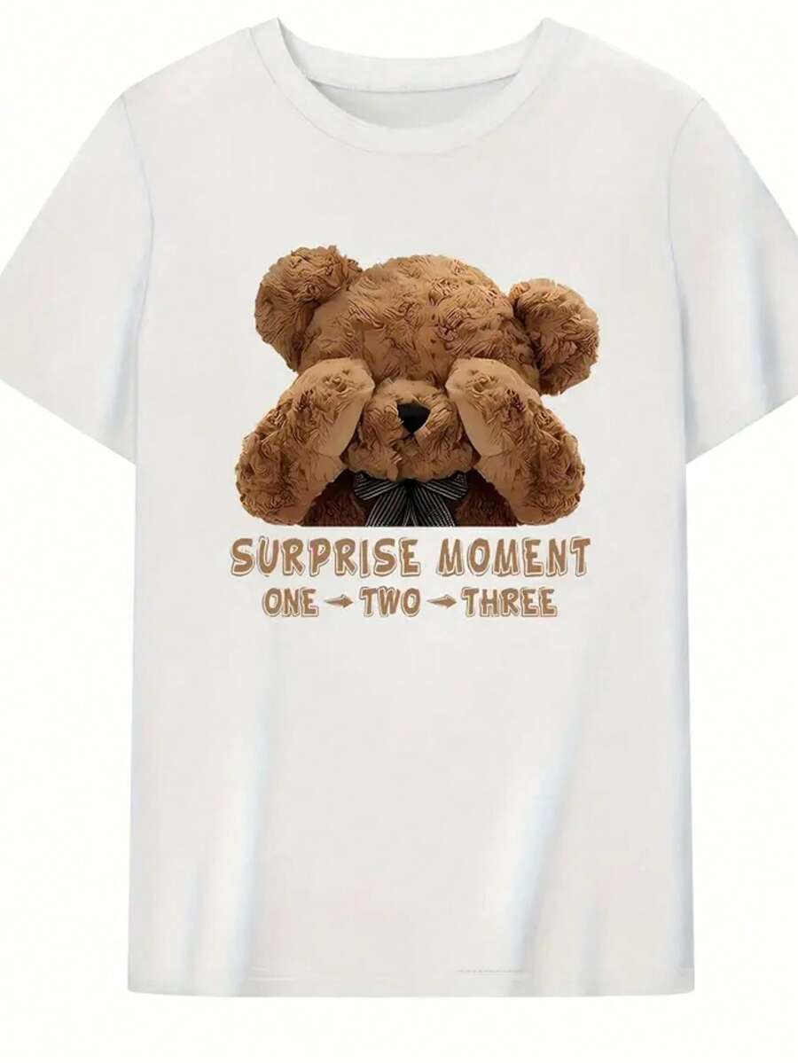 Playera camiseta basica estampada grafica dama mujer manga corta cuello redondo estampado oso osos osito ositos teddy bear peluche tomy escondido escondidillas escondite oculto tapando ojos donde esta frase sorpresa uno dos tres one two three surprise tierno cute gym gimnasio ejercicio aesthetic regular casual comoda fresca ligera suave moderna juvenil romantica bohemia salida casa diario dia playa calor primavera verano oficina versatil creativa - Blanco - Ver 1