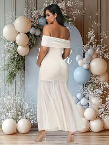 JustVH 孕妇露肩连衣裙，网纱领口，鱼尾裙摆，适合迎婴派对，优雅弹力连衣裙，女士摄影服装 - 杏色 - 查看 2