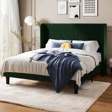 Allewie Full/Queen/King Size Bed Frame With Upholstered Wingback Headboard, Vertical Channel Tufted Corduroy Velvet Platform Bed, Strong Wooden Slats Support, No Box Spring Needed, Easy Assembly, Green - 綠色 - 查看 1