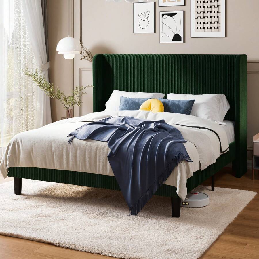 Allewie Full/Queen/King Size Bed Frame With Upholstered Wingback Headboard, Vertical Channel Tufted Corduroy Velvet Platform Bed, Strong Wooden Slats Support, No Box Spring Needed, Easy Assembly, Green - 綠色 - 查看 1