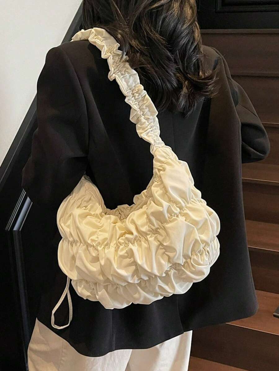 Korean Pleated Beach Cloud Tote Bag, Women's 2025 New Drawstring Shoulder Bag, Large Capacity Nylon Cloth Crossbody Shoulder Bag, Shoulder Bag, Women's Bag, Shoulder Bag - 米色 - 查看 1