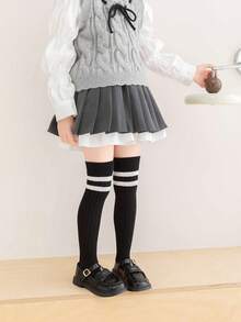 1双/4双装 儿童春夏条纹过膝袜，学院风中筒袜，百搭长筒袜，适合女孩 - 彩色 - 查看 9