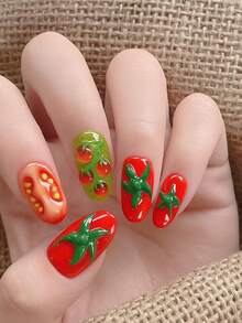1pc 3D Embossed Fresh Tomato Nail Art Sticker, Fruit Theme Pattern, One-Time Self-Adhesive, Suitable For Creative DIY Manicure, Matching Seasonal Style - Red - View 3