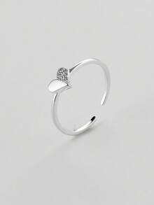 简约 925 纯银，心形，镶嵌锆石，可调节开口，优质戒指，男女通用，银饰，日常佩戴，生日礼物 - 銀色 - 查看 1