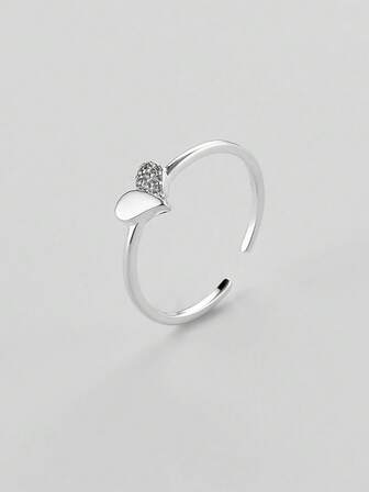 A Simple 925 Sterling Silver, Heart-Shaped, Zirconia Inlaid, Adjustable Opening, Quality Ring, Unisex, Silver Jewelry, Daily Wear, Birthday Gift