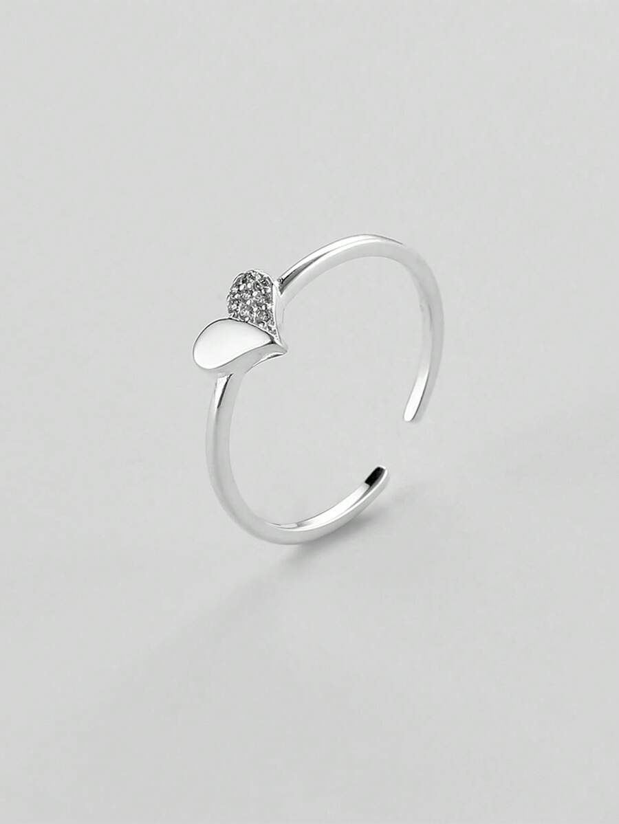 简约 925 纯银，心形，镶嵌锆石，可调节开口，优质戒指，男女通用，银饰，日常佩戴，生日礼物 - 銀色 - 查看 1