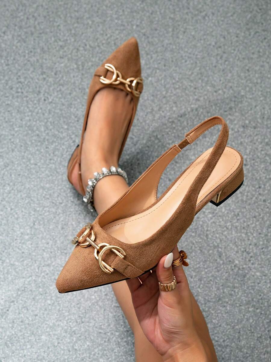 Women's Flat Pointed Toe Brown Backless Metal Buckle Suede Casual Commuter Slip-On Shoes, Spring/Autumn - Brown - View 1