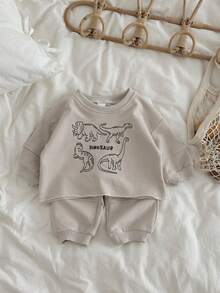 2 件套男婴休闲恐龙刺绣圆领长袖运动衫和裤子套装，春秋 - 杏色 - 查看 8