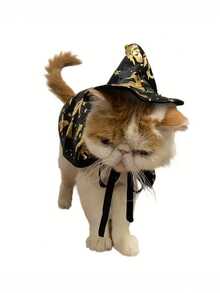 Cute Halloween Cat Witch Costume - Black And Gold Polyester Pet Costume With Wizard Hat And Star Pattern Cape, Includes Matching Collar - Multicolor - View 5
