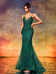 性感刺绣花朵连衣裙，搭配亮片串珠晚礼服，鱼尾下摆和后背，适合正式场合、优雅舞会晚礼服、婚礼嘉宾、毕业典礼、晚宴 - 墨綠色 - 查看 7