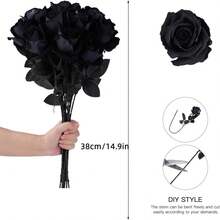 1支/5支/10支/12支装 14.9英寸黑色仿真玫瑰,高端逼真花卉,适用于家居装饰、房间装饰、桌面装饰、婚礼装饰、新娘捧花、腕花、插花,也适用于家庭、餐厅、卧室、花瓶装饰、DIY生日派对蛋糕装饰、情人节和新年礼物、摄影道具、户外花园装饰 - 黑色 - 查看 3