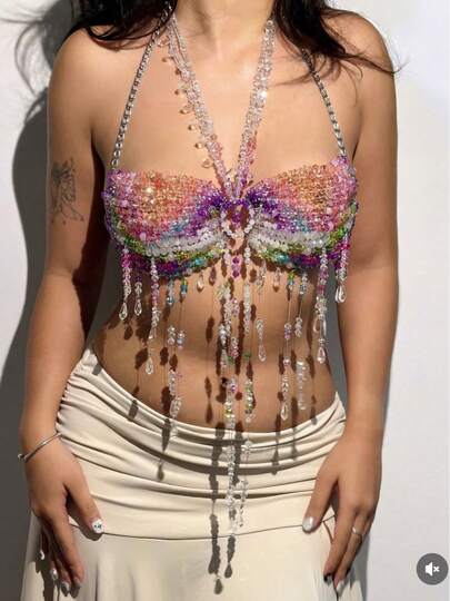 Chaleco de moda para mujeres de Glossmoon, estilo europeo y americano, halter sexy, camisola, cadena corporal de piedras preciosas coloridas, cadena de pecho B25491, moda de playa, accesorios elegantes para mujeres