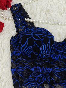 1 chiếc áo hai dây hở lưng cổ điển màu xanh và đen thanh lịch có đường cắt xương cá - Màu xanh lam - Xem 9