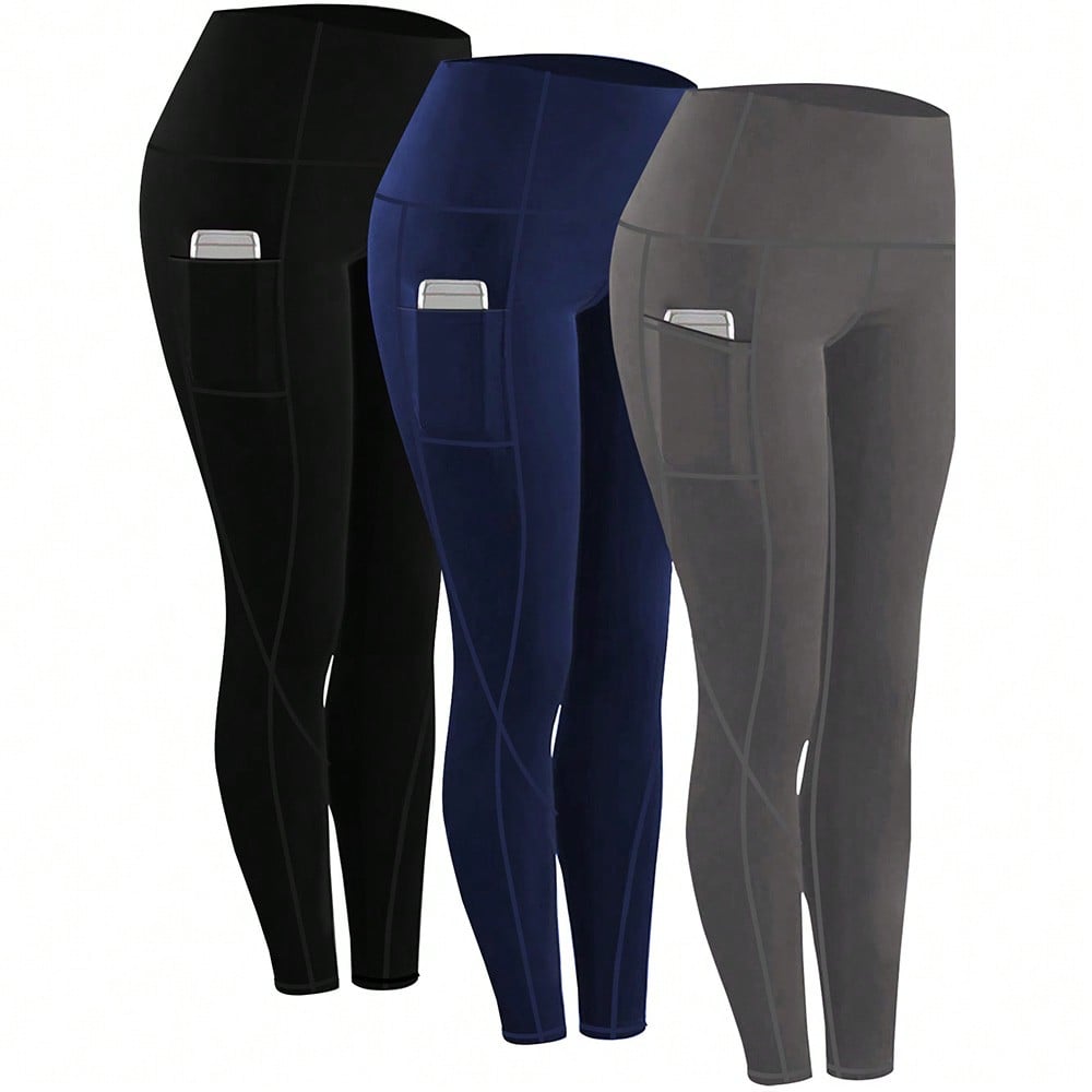 Conjunto de 3 piezas de pantalones de yoga talla grande, mallas de yoga ajustadas, mallas de compresión elásticas para correr, pantalones de capa ba