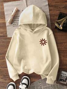 1pc Tween Girl Thermal Lined Thick Warm Sweatshirt, Young Student Clothing, Suitable For Kids Autumn/Winter Long Sleeve Top - Apricot - View 4