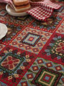 1pc Bohemian Style Decorative Tablecloth, Red Geometric Square Jacquard Tablecloth With Shell Embroidery Lace Trim, Rectangular Table Cloth Suitable For Christmas, Party, Wedding, Home Decor, Vintage Style (Slight Color Difference) - Multicolor - View 9
