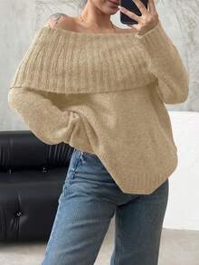 Womens Off Shoulder Oversized Sweater Fall Ribbed Knit Loose Fit Long Sleeve Pullover Tops