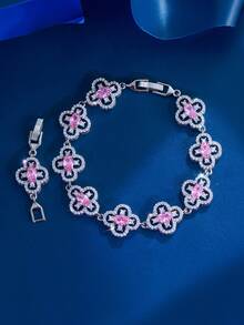 1pc Beautiful 4-Leaf Clover Chunky Cubic Zirconia Paved Luxury Wedding Banquet Bridal Party Bracelet For Women, Holiday Festival Jewelry Gift