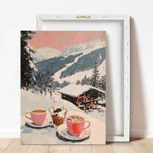 1 pezzo, Quadro su tela, Decorazione natalizia da parete incorniciata, Stampa artistica di una ragazza con cioccolata calda, Stampa artistica di un carrello bar da stazione sciistica, Decorazione moderna da caffè con scena invernale, Decorazione natalizia per la casa, Arte da parete minimalista, Arte moderna, Decorazione contemporanea per la casa, Decorazione da parete per il soggiorno
