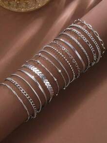 15pcs Minimalist Elegant Heart, Bead, Plane, Snake Bone, Chain Bracelet Set, Versatile Daily Wear - Silver - View 4