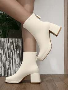 Botines de tacón grueso con punta cuadrada, nuevos tacones altos - Blanco - Ver 3