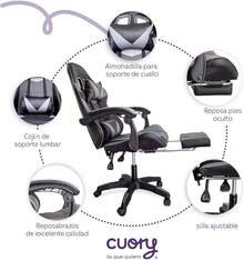 Silla Gamer Escritorio Ergonómica Reposapiés Ejecutiva |   Ajuste de altura |   Reclinable Gaming Oficina Silla de Juegos de computadora con Giratorio |   Reposacabezas y Almohada Lumbar (Negro) - Negro/Gris - Ver 3