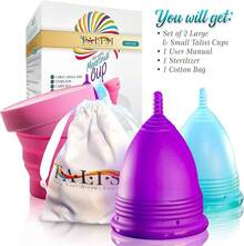 Talisi Menstrual Cups - Reusable Soft Period Cups - Menstruation Feminine Hygiene Products With Silicone Collapsible Sterilizer Case - Regular & Heavy Flow - Large, Small Size Copa Menstrual Kit