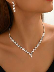 3pcs Set Minimalist Copper Rhinestone & Crystal Necklace & Earrings Jewelry Set, Wedding Accessories