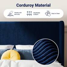 Allewie Full/Queen/King Size Bed Frame With Upholstered Wingback Headboard, Vertical Channel Tufted Corduroy Velvet Platform Bed, Strong Wooden Slats Support, No Box Spring Needed, Easy Assembly, Blue