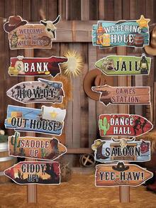 12pcs Western Cowboy Theme Directional Road Signs, Cowboy Birthday Party Signs, Western Cowboy Theme Party Supplies, Party DIY Paper Signs, Western Cowboy Theme Photo Booth Props, Waterproof Large Western Cowboy Theme Stake Signs - Western Cowboy Theme - View 2