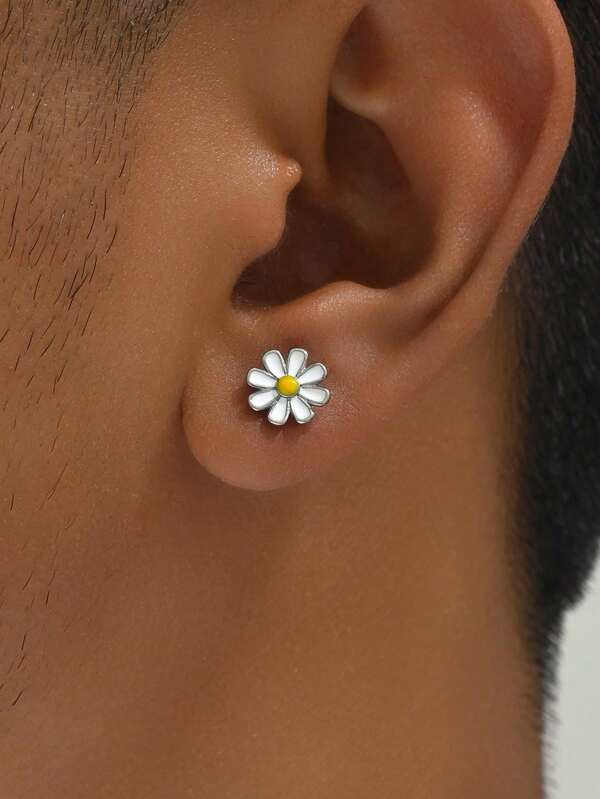 Stainless Steel Ear Bone Stud In Enamel Daisy Oil Drop With Screw And Thread Design, Vintage And Unisex Hip-hop Style Earring For Couple