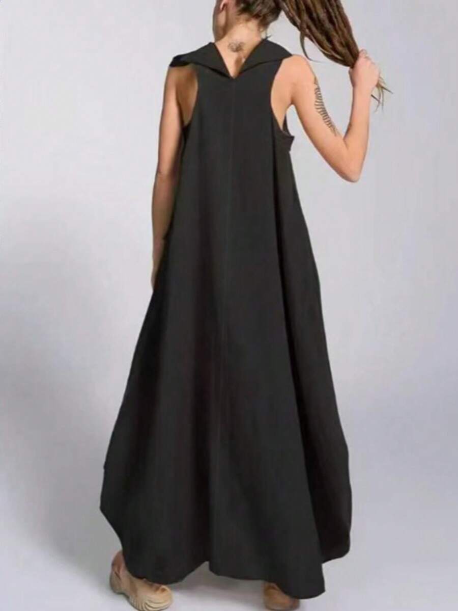 女士纯色休闲无袖口袋连衣裙 黑色 夏季优雅 - 黑色 - 查看 1