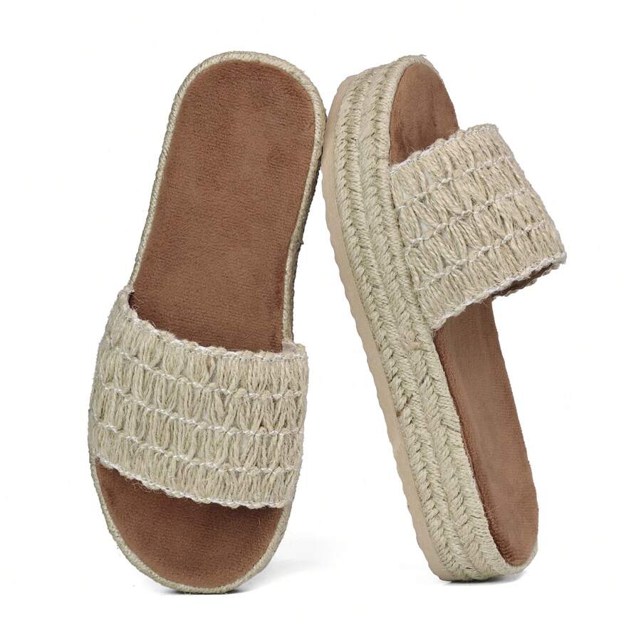 Women Sandals Summer Platform Slide Open Toe Jute Sole Comfortable Wear - cây gai - Xem 1