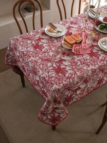 1pc French Retro Floral Christmas Tablecloth, Rectangular Jacquard Fabric Suitable For Daily, Festivals, Parties, Weddings, Dinners, Home Decor - Red and White - View 2